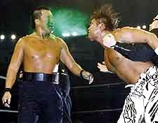 Muta spews mist in Chono's face from Nikkan Sports